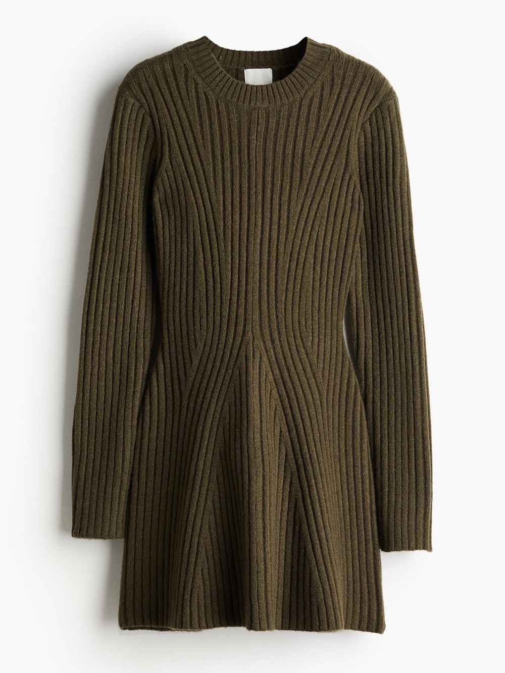 H&M Olive Green Ribbed Fit-and-Flare Long-Sleeve Knit Sweater Dress